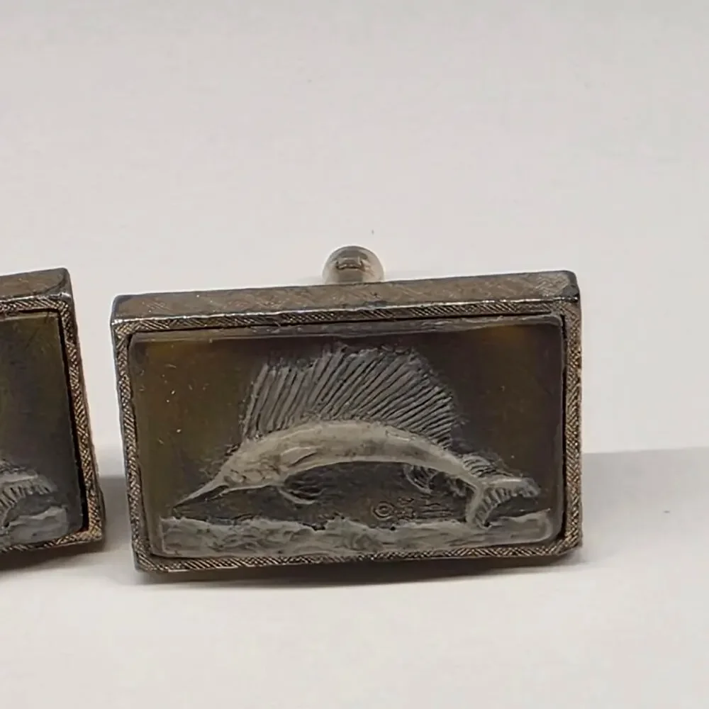 Vintage Dante Sailfish Scene Hand Engraved Silver Tone Cufflinks 1